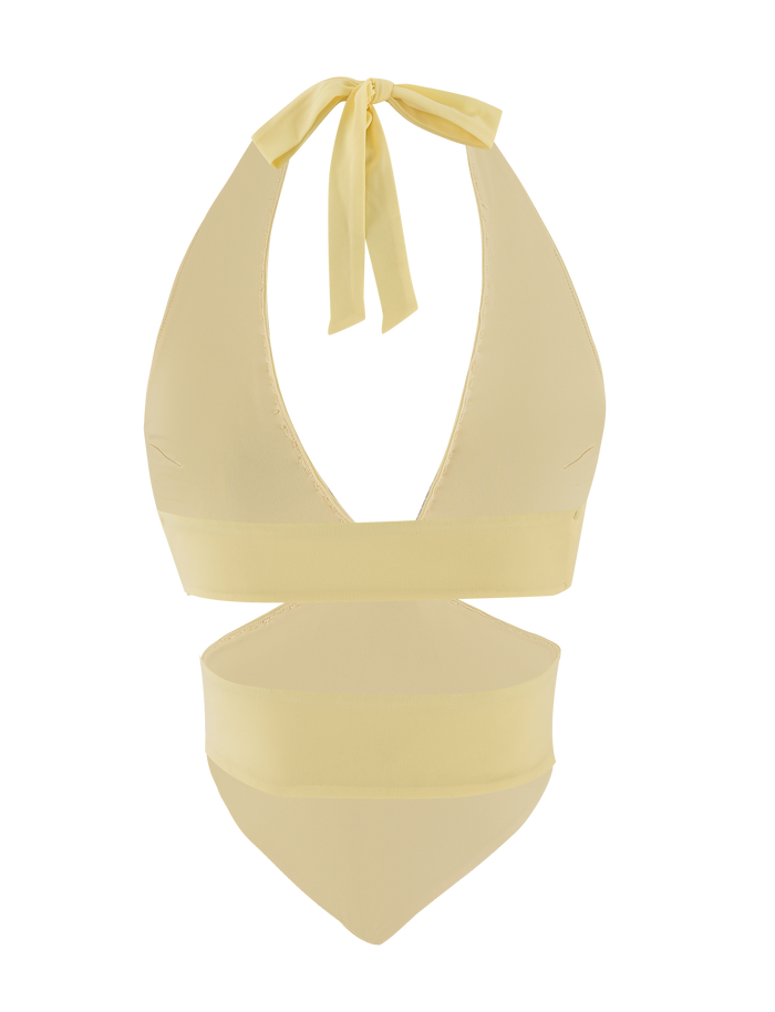 The TIGERMIST LIZZIE TOP - LEMON is a light yellow halter bikini top with a deep V neckline and beaded trim, paired with matching high-waisted bottoms, shown on a plain white background.