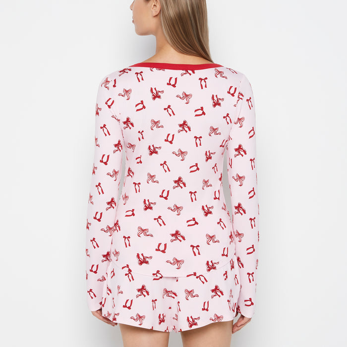 Long sleeve brushed jersey v-Neck top in Big Sweet Bows
