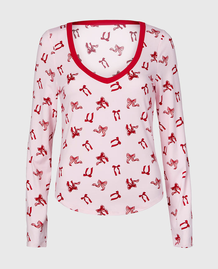 Long sleeve brushed jersey v-Neck top in Big Sweet Bows