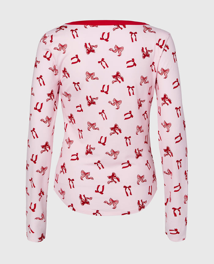 Long sleeve brushed jersey v-Neck top in Big Sweet Bows