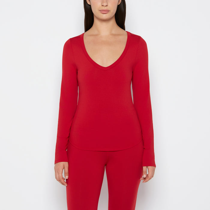 Long sleeve brushed jersey v-Neck top in Crimson