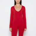 Long sleeve brushed jersey v-Neck top in Crimson