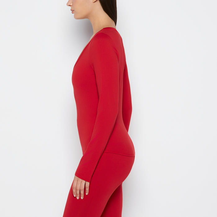 Long sleeve brushed jersey v-Neck top in Crimson