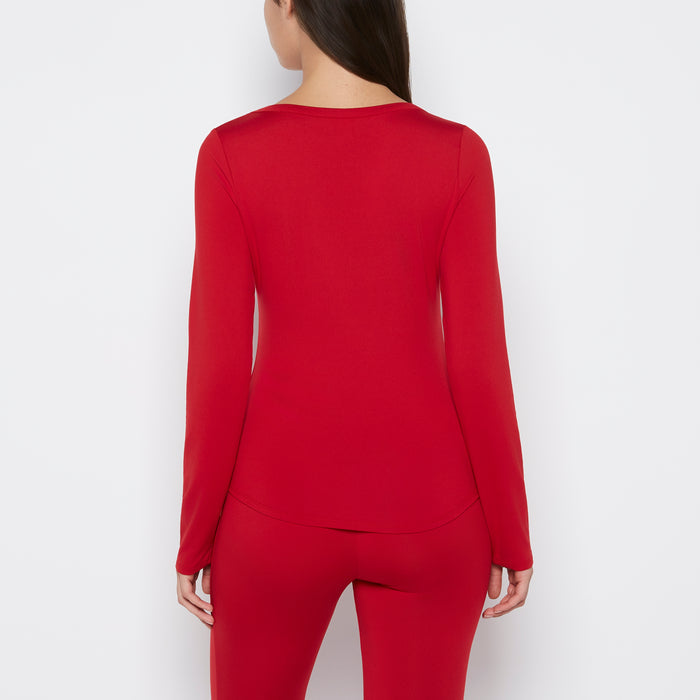 Long sleeve brushed jersey v-Neck top in Crimson