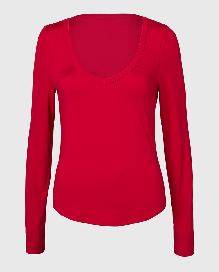 Long sleeve brushed jersey v-Neck top in Crimson