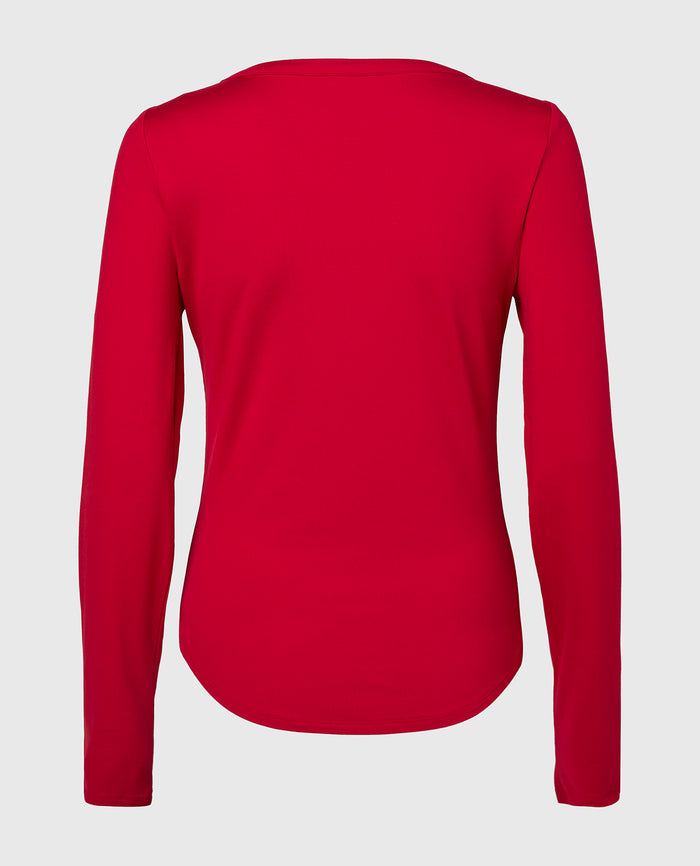 Long sleeve brushed jersey v-Neck top in Crimson