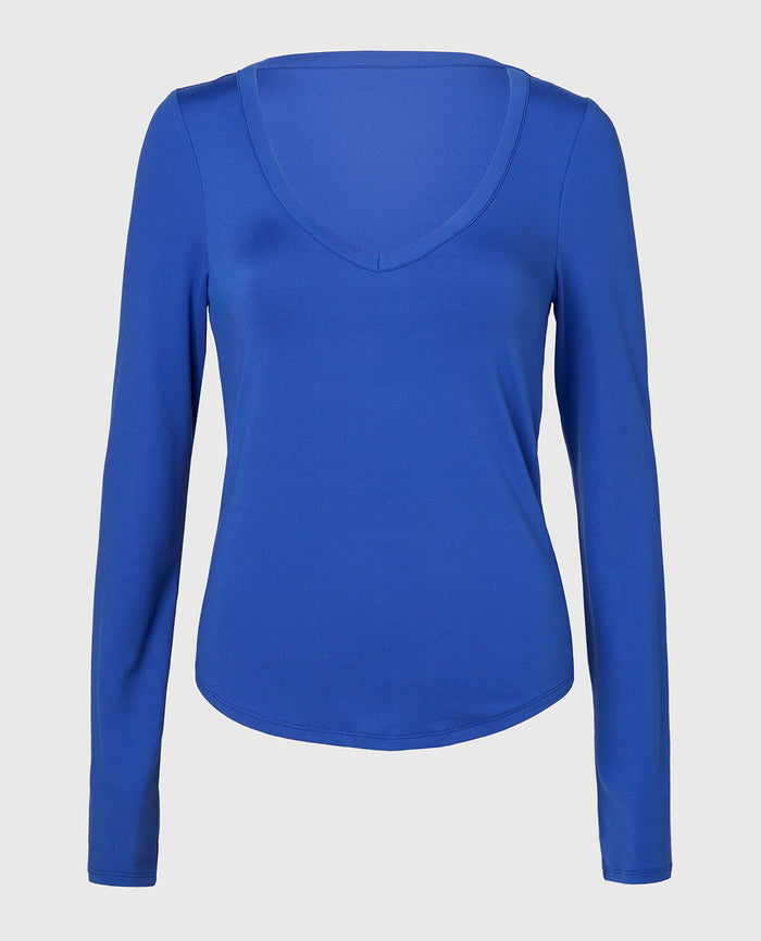 Long sleeve brushed jersey v-Neck top in Dazzling Blue