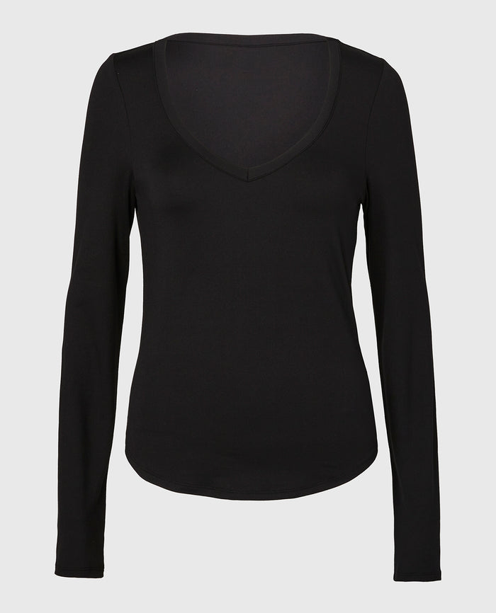 Long sleeve brushed jersey v-Neck top in Tuxedo Black