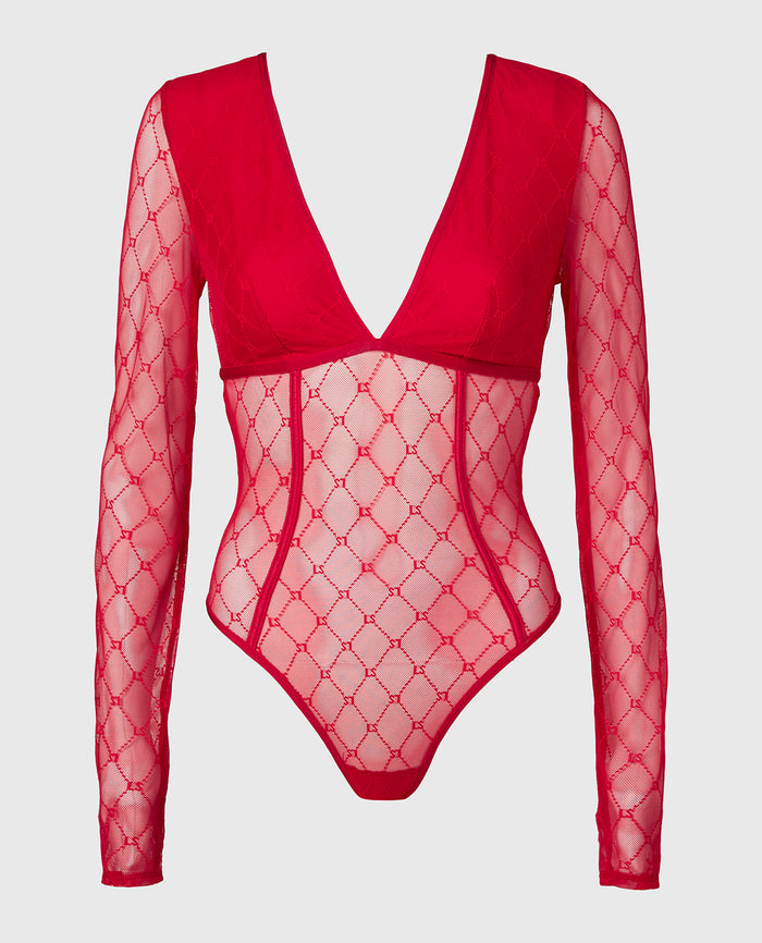 Long Sleeve Mesh Bodysuit in Crimson