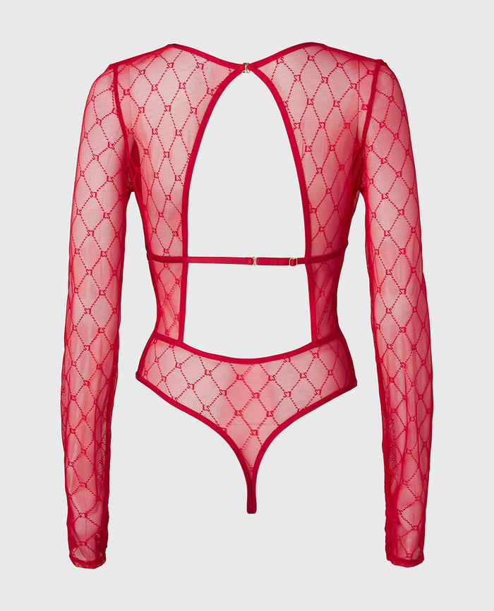Long Sleeve Mesh Bodysuit in Crimson