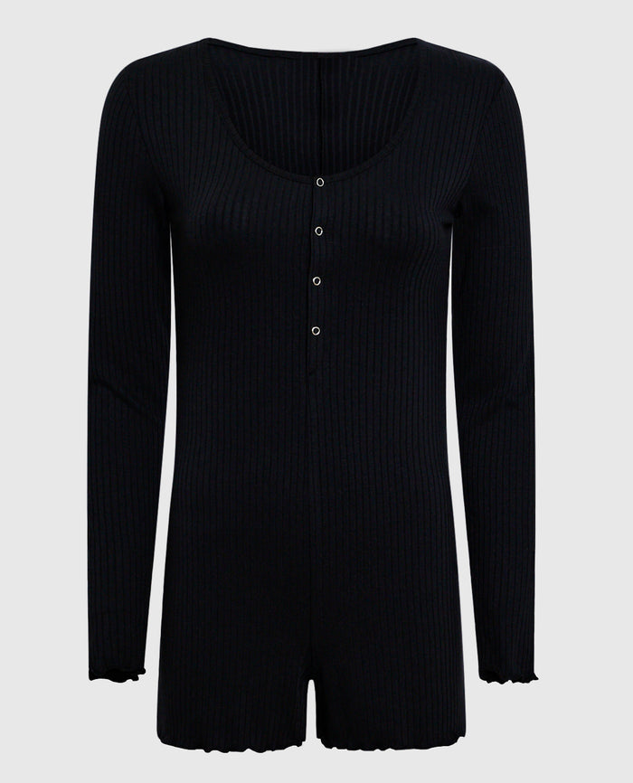 Long Sleeve Ribbed Onesie in Smoulder Black