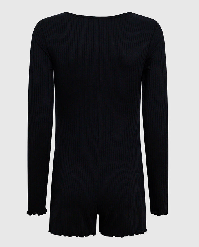 Long Sleeve Ribbed Onesie in Smoulder Black