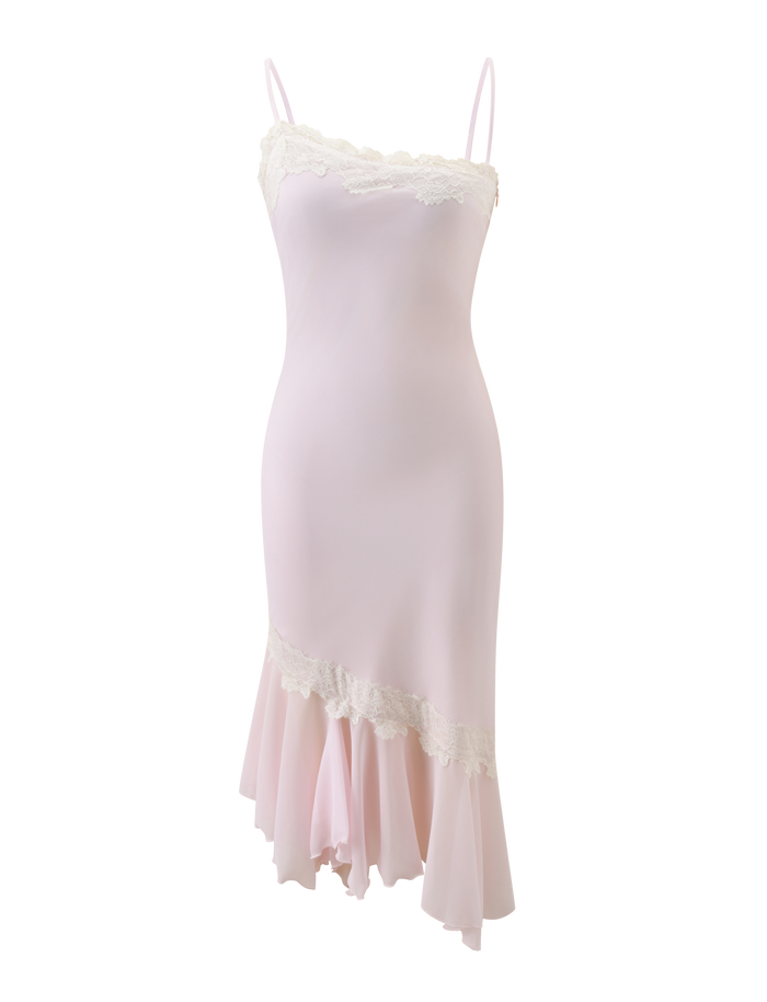 The LORIA MIDI DRESS by TIGERMIST features light pink chiffon, thin straps, lace trim at the neckline and hem, and an asymmetrical ruffled skirt for a soft mermaid silhouette.