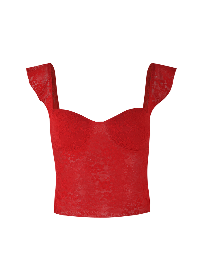 The LORNA TOP - RED by TIGERMIST is a red lace camisole crop top with wide, slightly flared shoulder straps, a sweetheart neckline, and a fitted, semi-sheer bodice.