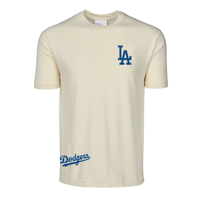 Bone LA Dodgers Soft Goods Heavyweight Cotton Tee - Front View, LA Logo & Dodgers Script | Greyson Clothiers