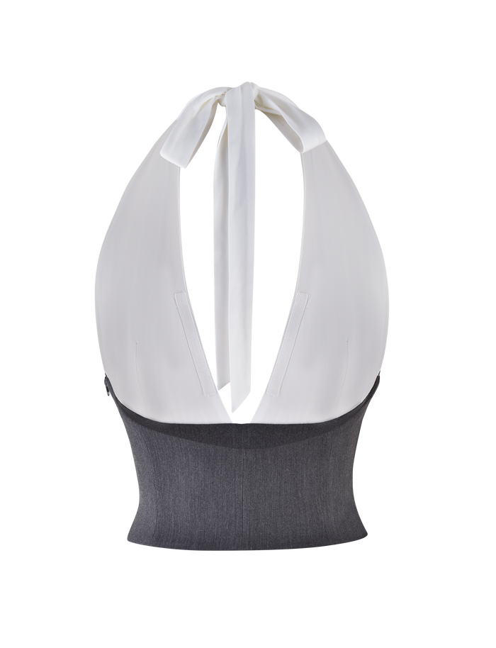 The TIGERMIST LOTUS TOP - CREAM : GREY is a sleeveless cropped halter with a deep neckline, featuring a white upper bodice, neck ties, and a fitted dark gray stretch suiting bottom, shown against a plain background.