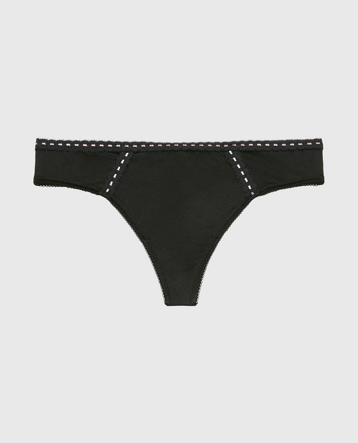 Low Rise thong In Microfiber with Ribbon Detailing in Tuxedo Black