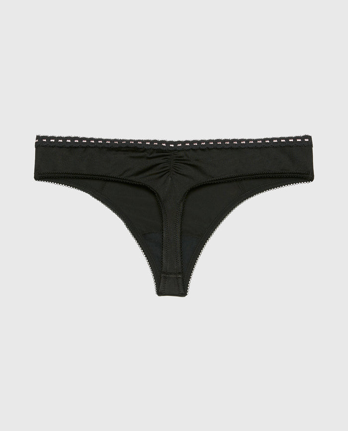 Low Rise thong In Microfiber with Ribbon Detailing in Tuxedo Black