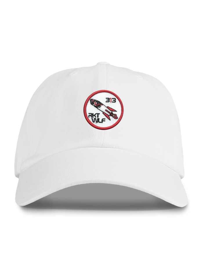 Arctic White Cotton LST Flight Dad Hat - Front View with RKT WLF 313 Embroidered Patch | Greyson Clothiers