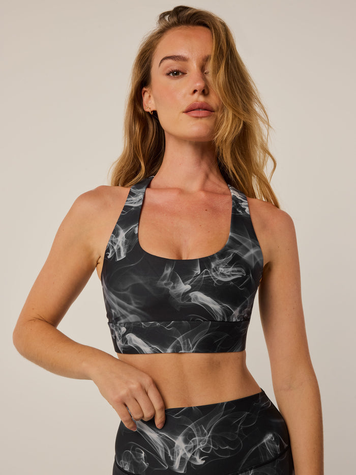 Luna Ghost Dancer Sports Bra - Shepherd Smoke Print, Wide Scoop Neckline, Front View On Model | Greyson Clothiers