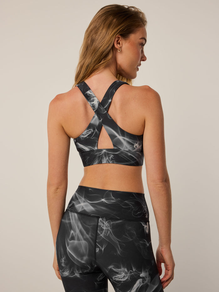 Luna Ghost Dancer Sports Bra - Cross-Back Strap Detail, Wolf Logo, Ghost Dancer Smoke Print, Back View | Greyson Clothiers