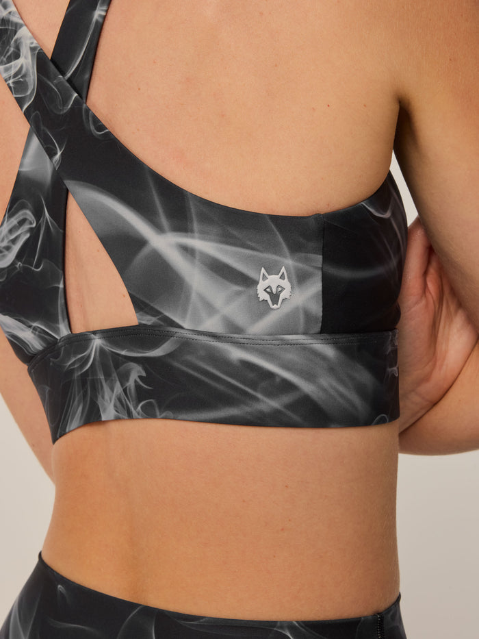 Luna Ghost Dancer Sports Bra - Wolf Logo & Back Band Close-Up, Smoke Print Fabric Detail | Greyson Clothiers