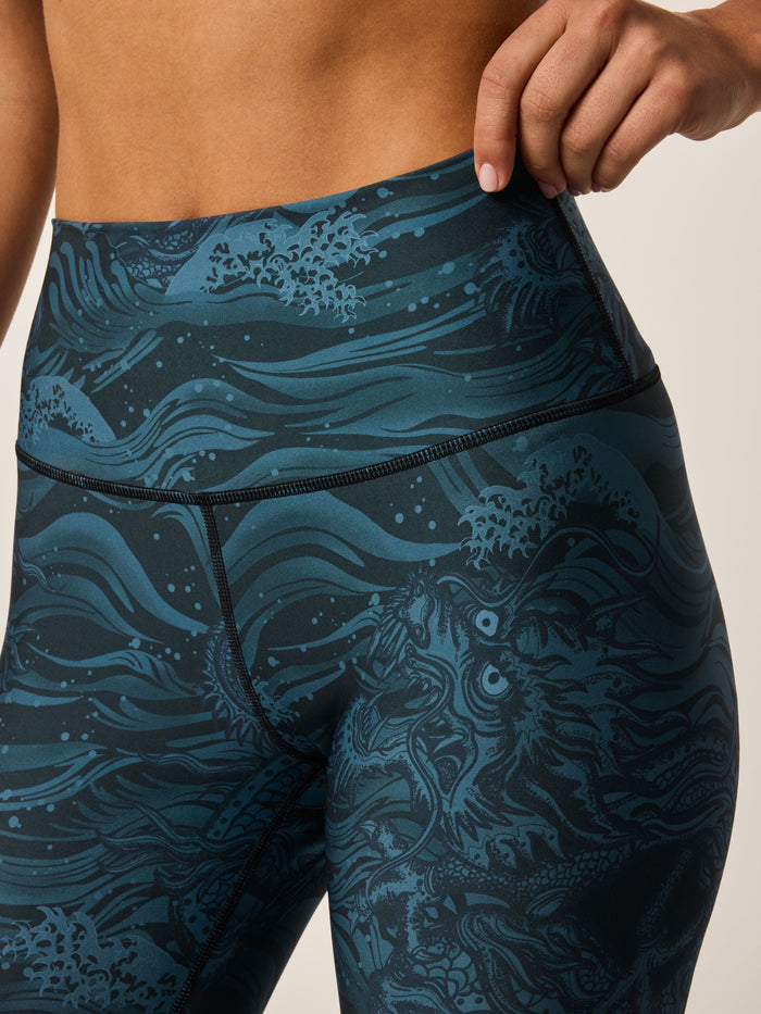 Aegean Luna Magic Dragon Legging high-waist waistband close-up, dragon-print fabric detail, pull-on construction | Greyson Clothiers