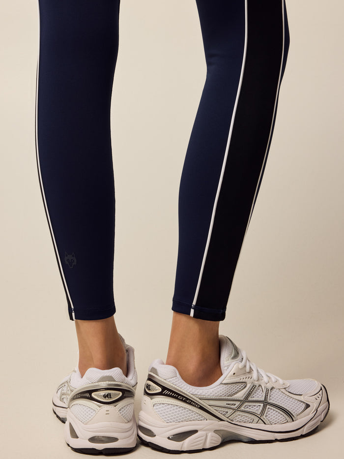 Luna Two-Tone Side Stripe Legging - Wolf Logo Ankle Detail, Maltese Blue | Greyson Clothiers