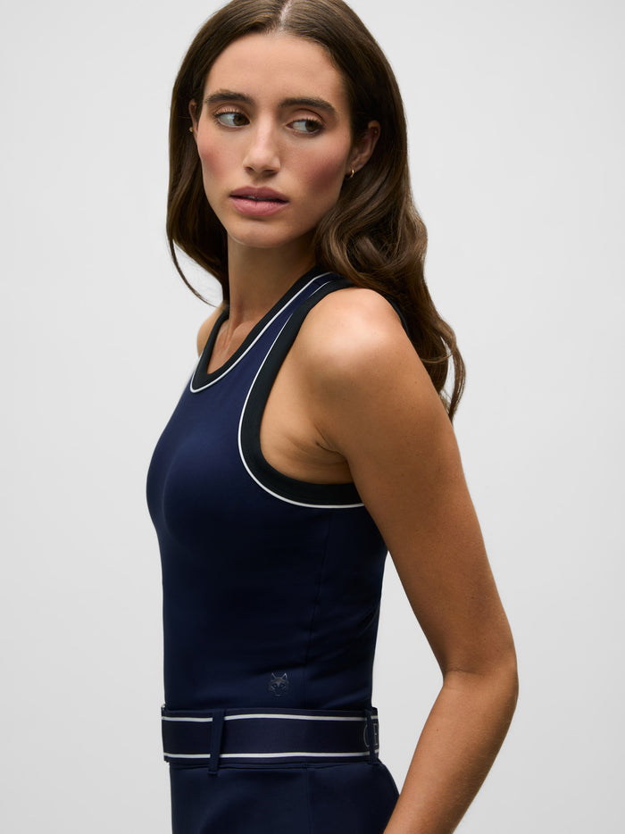 Maltese Blue Luna Two-Tone Tank Top - Side Profile, Wolf Logo Detail | Greyson Clothiers