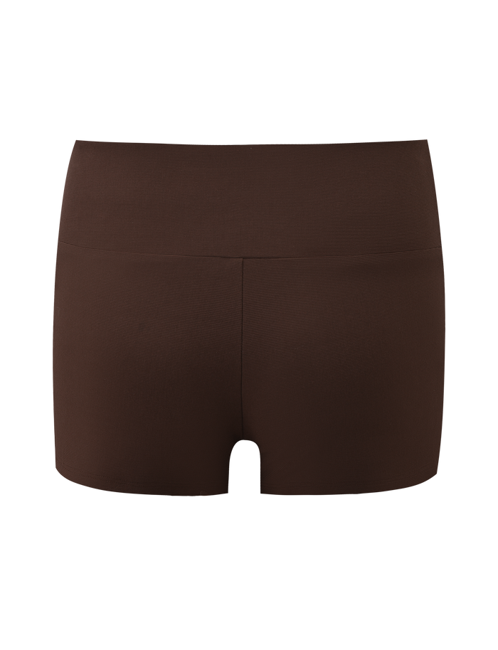 The LUNARA SHORT - CHOCOLATE by TIGERMIST are high-waisted, seamless mini shorts with a wide waistband and smooth fit, shown from the back against a white background.