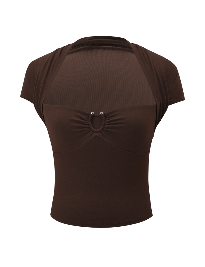 The LUNARA TOP - CHOCOLATE by TIGERMIST is a short sleeve chocolate brown top with a sheer chest panel, high shawl neckline, silver ring detail at the front, stretchy fabric, and subtle silver metal trim.