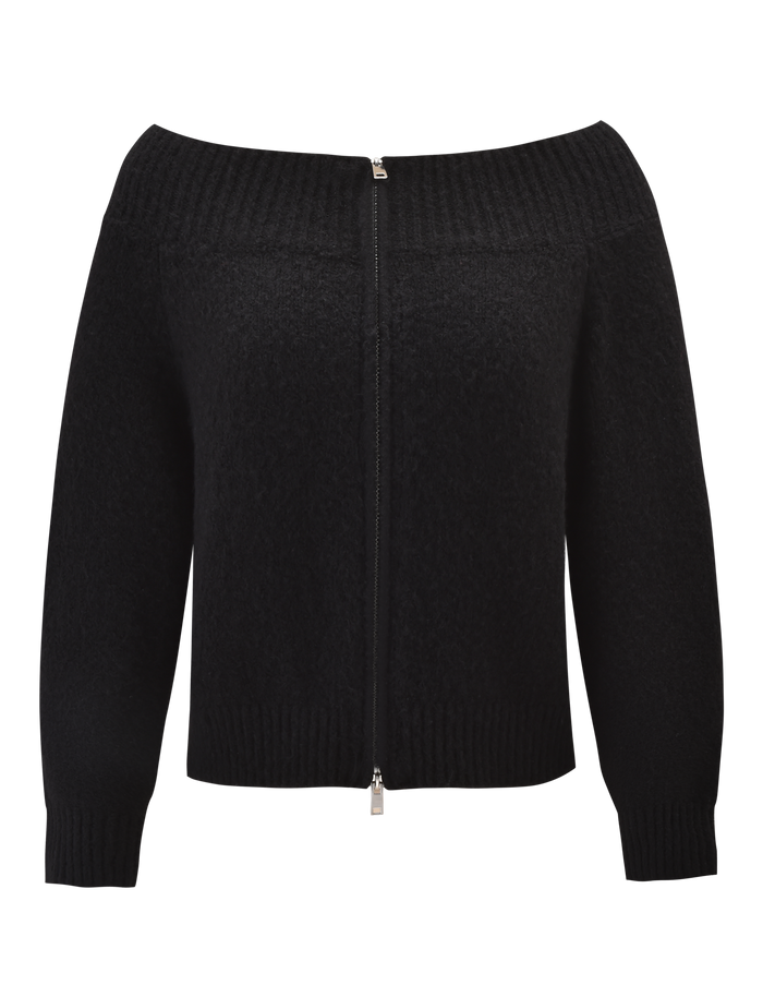 The LUNETTE JUMPER - BLACK by TIGERMIST is a black off-the-shoulder knit sweater with long sleeves, ribbed cuffs and neckline, a silver zip from hem to neck, and soft textured fabric for style and comfort.