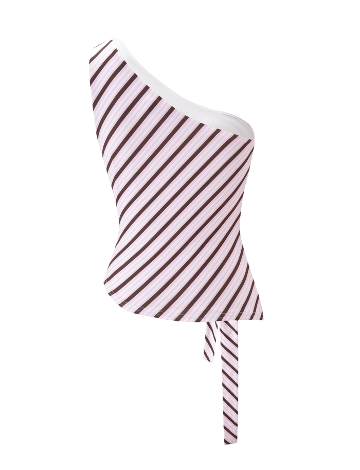 The LYLE ONE SHOULDER TOP by Tiger Mist USA features pink stripes, an asymmetric hem, and a tie detail at the bottom.