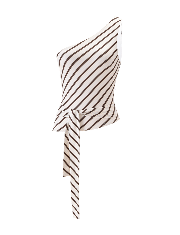The TIGERMIST LYLE ONE SHOULDER TOP features yellow stripes, a chic one-shoulder cut, and a stylish front waistband tie in a sleeveless white design. Displayed on a plain white background.