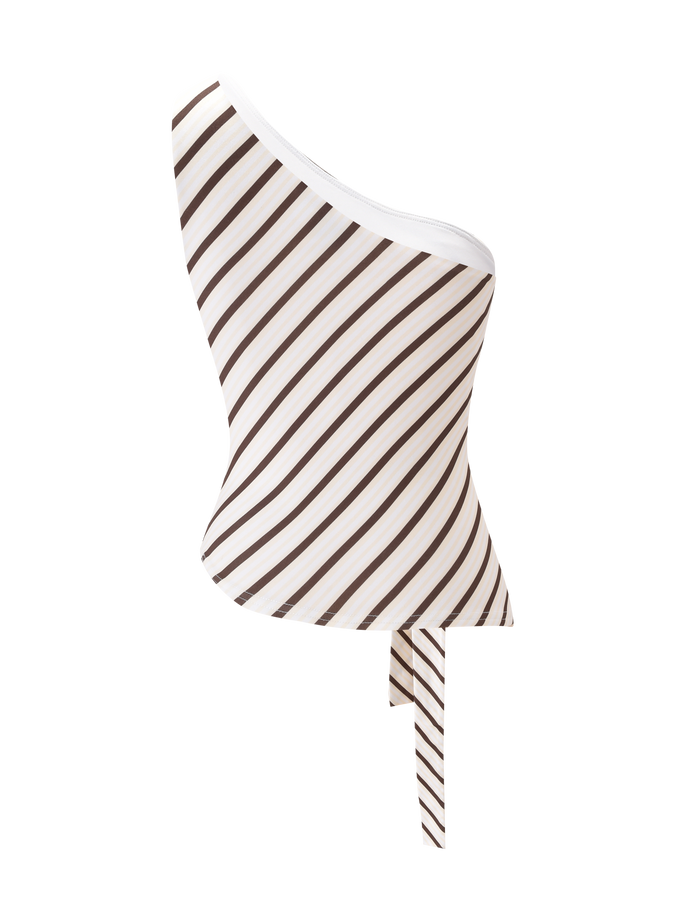 The TIGERMIST LYLE ONE SHOULDER TOP in yellow stripe showcases an asymmetrical, pointed hem and diagonal stripes. Displayed against a plain light gray background.