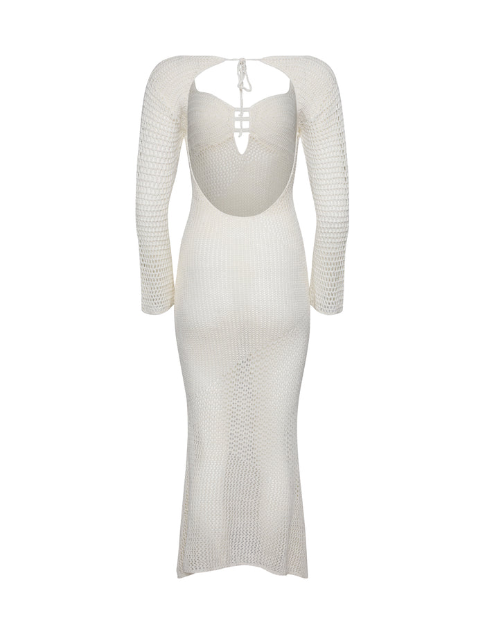 Introducing the Macauley Dress in Cream by TIGERMIST, a chic and elegant long-sleeved crochet dress with a fitted silhouette. This off-white piece features an open back with intricate lace-up detailing and a keyhole cutout below the neckline, extending to a midi length. It perfectly blends sophistication with a stylish bohemian vibe.