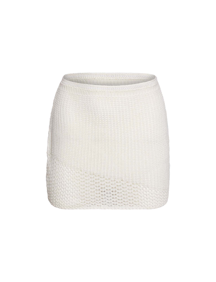 The TIGERMIST MACAULEY MINI SKIRT in white features a textured crochet knit design and a mini-length cut, shown against a plain white background.