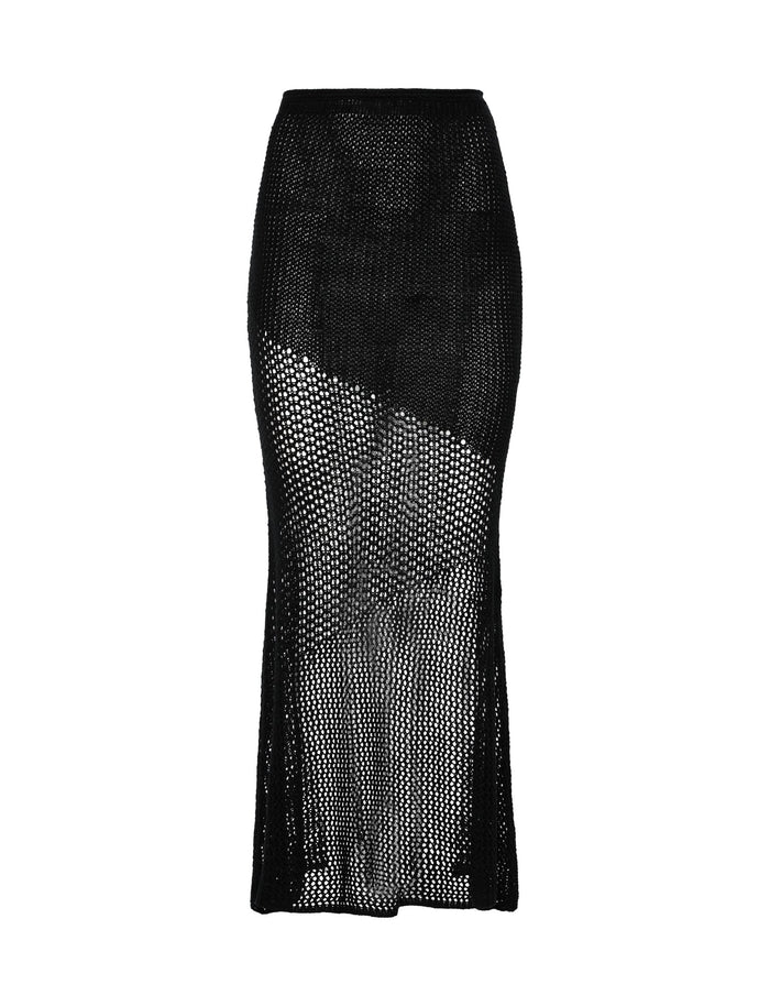 The MACAULEY SKIRT - BLACK by TIGERMIST is a striking black crochet maxi skirt featuring a high waist and an intricate open-knit design. This form-fitting piece hugs the hips and flares slightly towards the hem, creating a sophisticated semi-sheer look.