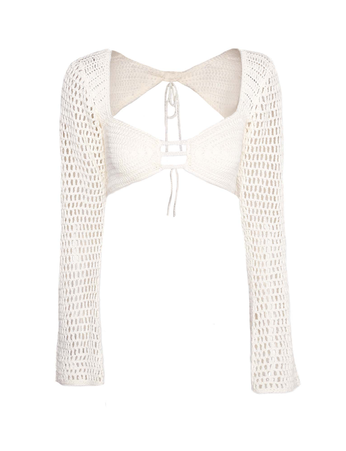 The MACAULEY TOP by TIGERMIST is a cream crochet bolero with long sleeves, an open front, and back tie closure. Its airy mesh texture pairs perfectly with bodycon fits.