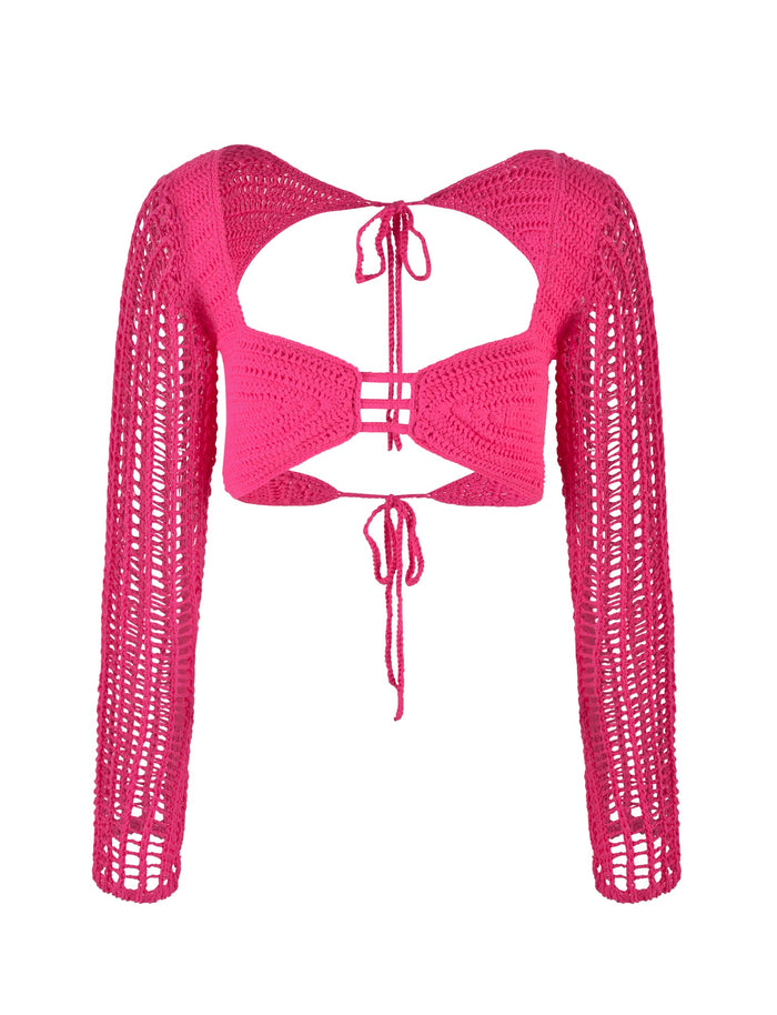 Introducing the MACAULEY TOP in HOT PINK by TIGERMIST: a vibrant pink bodycon silhouette with long sleeves, featuring intricate crochet patterns. The open back design includes adjustable tie strings for a customizable and stylish fit.