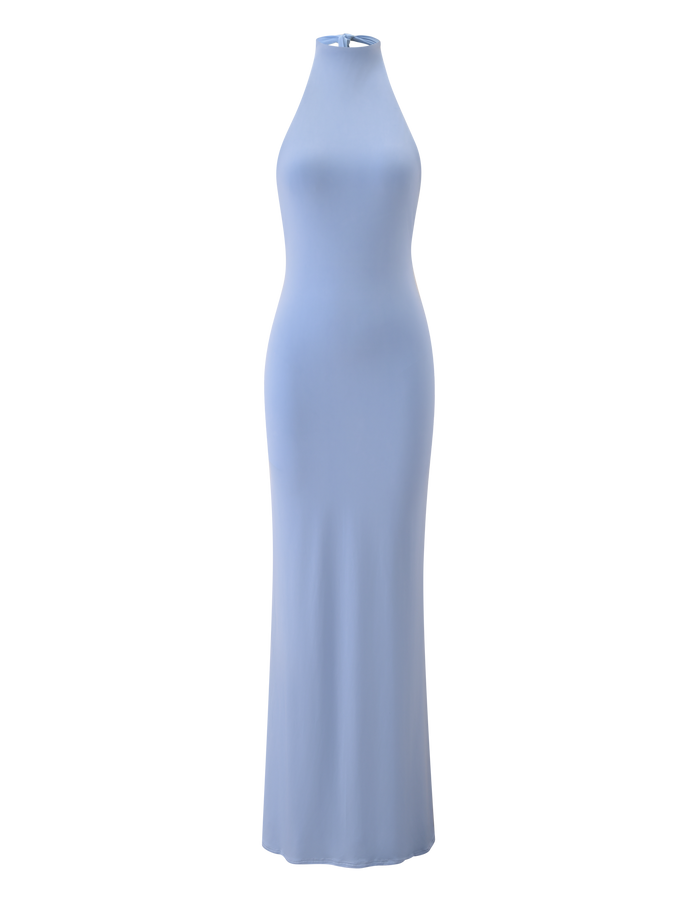 The TIGERMIST MADDY MAXI DRESS in baby blue is a sleeveless, fitted maxi dress with a high halter neckline, shown against a plain white background.