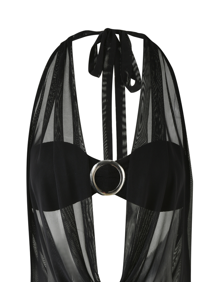 Introducing the MAKENA TWO-PIECE DRESS in black by TIGERMIST, featuring a cowl neck halter top with a sheer striped lurex overlay, deep neckline, and a statement silver buckle at the center front.