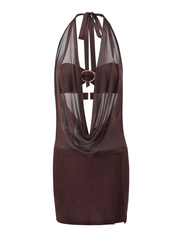 The MAKENA TWO-PIECE DRESS - CHOCOLATE by TIGERMIST showcases a sheer mesh cowl neck halter, deep draped neckline, visible bandeau with gold ring detail, and a thigh-high side slit.