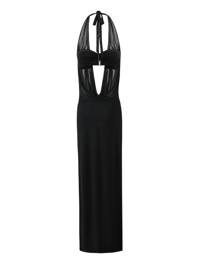 The MAKENA TWO-PIECE MAXI DRESS by TIGERMIST is a black, sleeveless, floor-length dress featuring a halter neck tie, sheer mesh bodice panels, a front cut-out, fitted silhouette, and an open back.