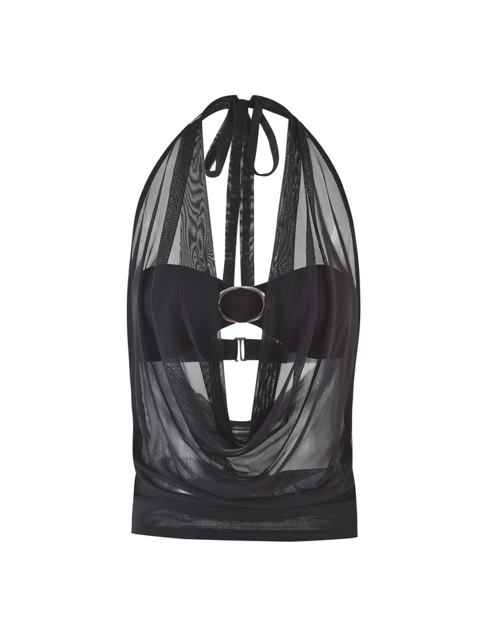 The MAKENA TWO-PIECE TOP - BLACK by TIGERMIST features a black halter neck, sheer mesh fabric, draped front, keyhole cutout with metal ring at the bust, and an open back with tie closure.