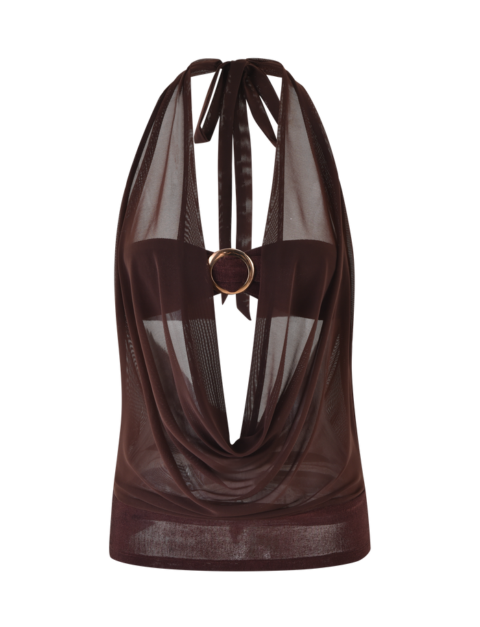 The MAKENA TWO-PIECE TOP - BROWN : CHOCOLATE by TIGERMIST features sheer chocolate mesh in a halter-neck style with a draped neckline, open front, and gold ring detail at the chest, layered over a matching bandeau.