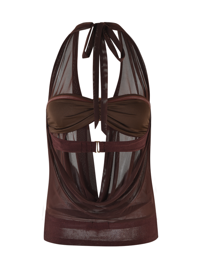 The MAKENA TWO-PIECE TOP - BROWN : CHOCOLATE by TIGERMIST features sheer chocolate mesh, a draped front, bandeau-style bust, open back, layered fabric, and a central metallic accent for an elevated look.