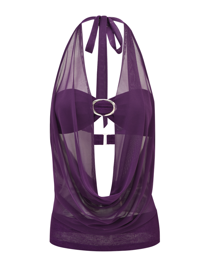 The MAKENA TWO-PIECE TOP - PURPLE by TIGERMIST is a sleeveless, sheer mesh cowl neck halter featuring a deep draped neckline, metallic oval clasp at the bust, and a flowing mesh overlay.