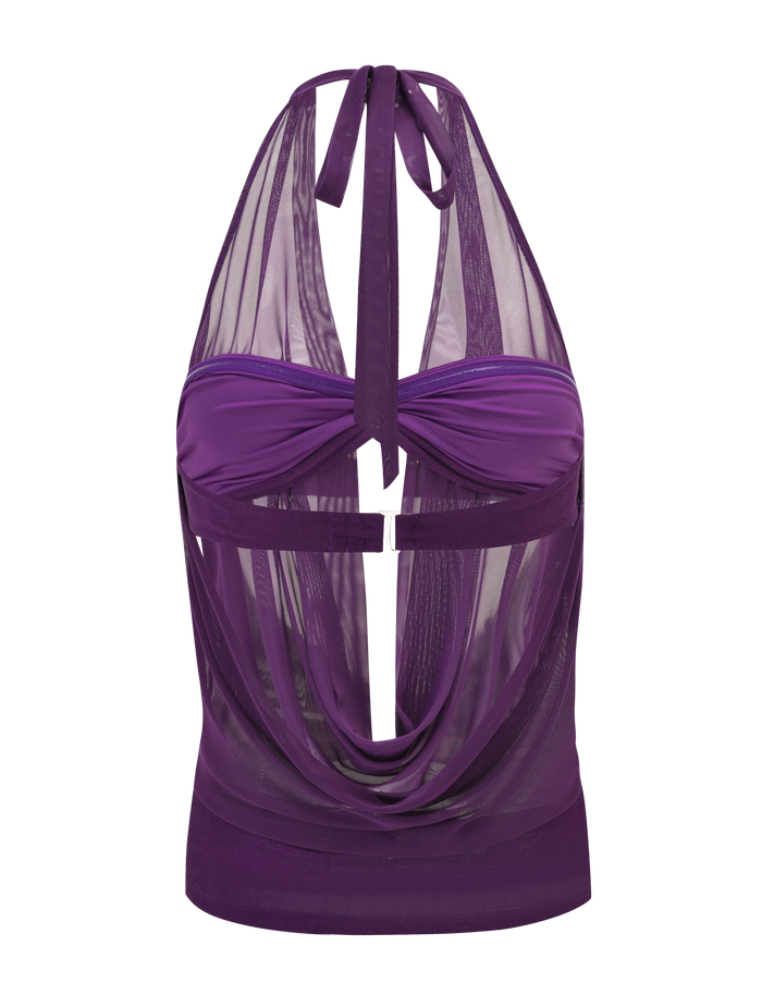 The TIGERMIST MAKENA TWO-PIECE TOP in purple features a mesh cowl neck halter with a twist front, open back, clasp closure, and layered sheer details—ideal for styling with your favorite strapless sheen knit bra.