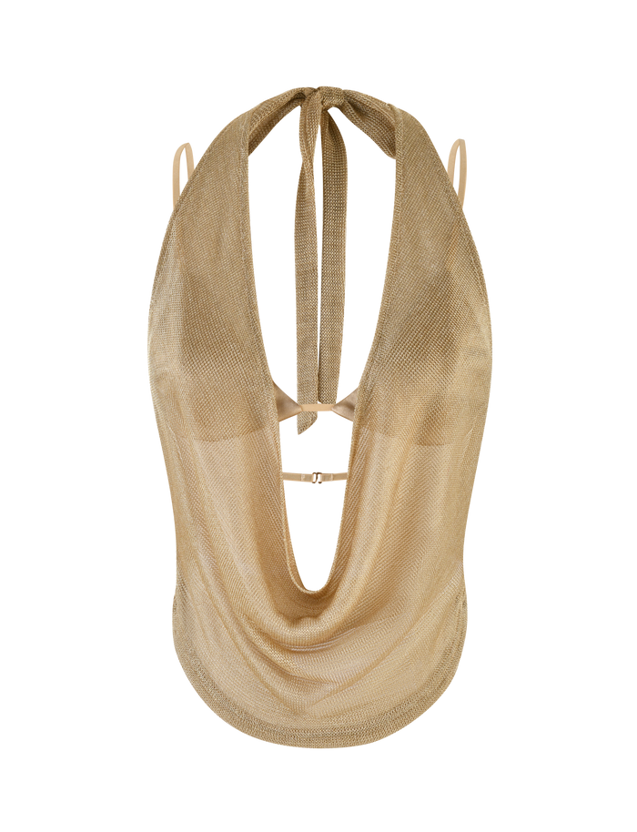 The MAKENA TWO-PIECE TOP 2.0 - GOLD by TIGERMIST is a metallic, sleeveless halter top with a deep mesh cowl neck, open back, and shimmering sparkle finish.